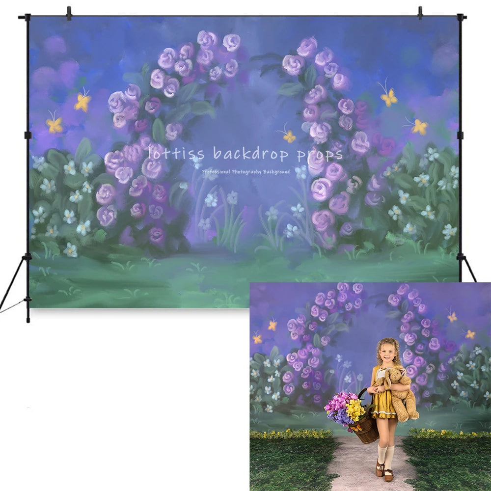 Spring Rose Garden Backdrops Girl Kids Photography Props Child Adult Photocall Decors Purple Floral Arch Backgrounds