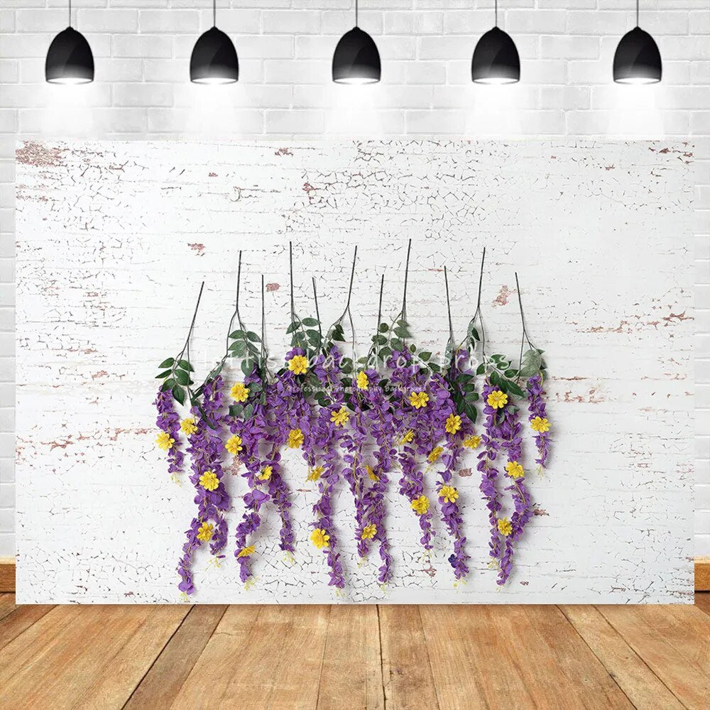 Arrière-plan mural en brique florale violette, accessoires de photographie de gâteau d'anniversaire pour filles et enfants, décors de fête, arrière-plan de jardin pour Portrait d'adulte 