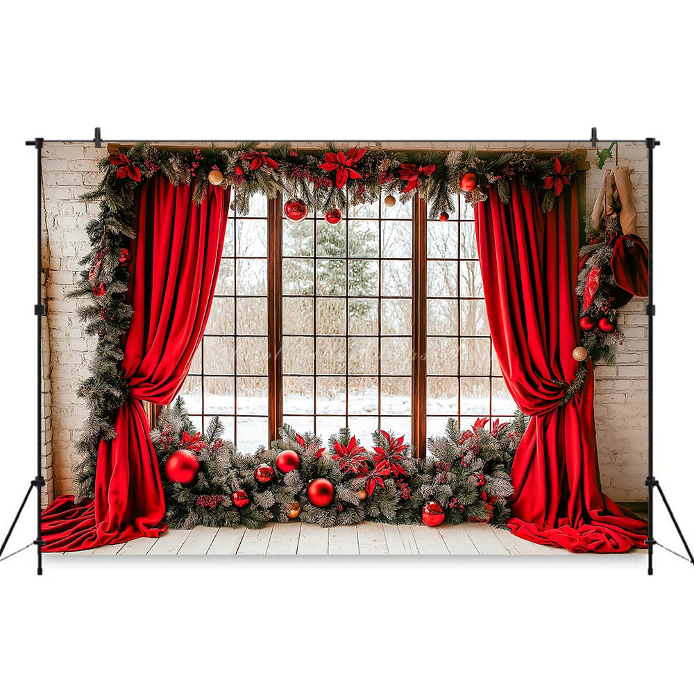 Large Window With Curtains Christmas Photo Backdrop Baby Kids Portrait Family Party Photocall Photograhy Background