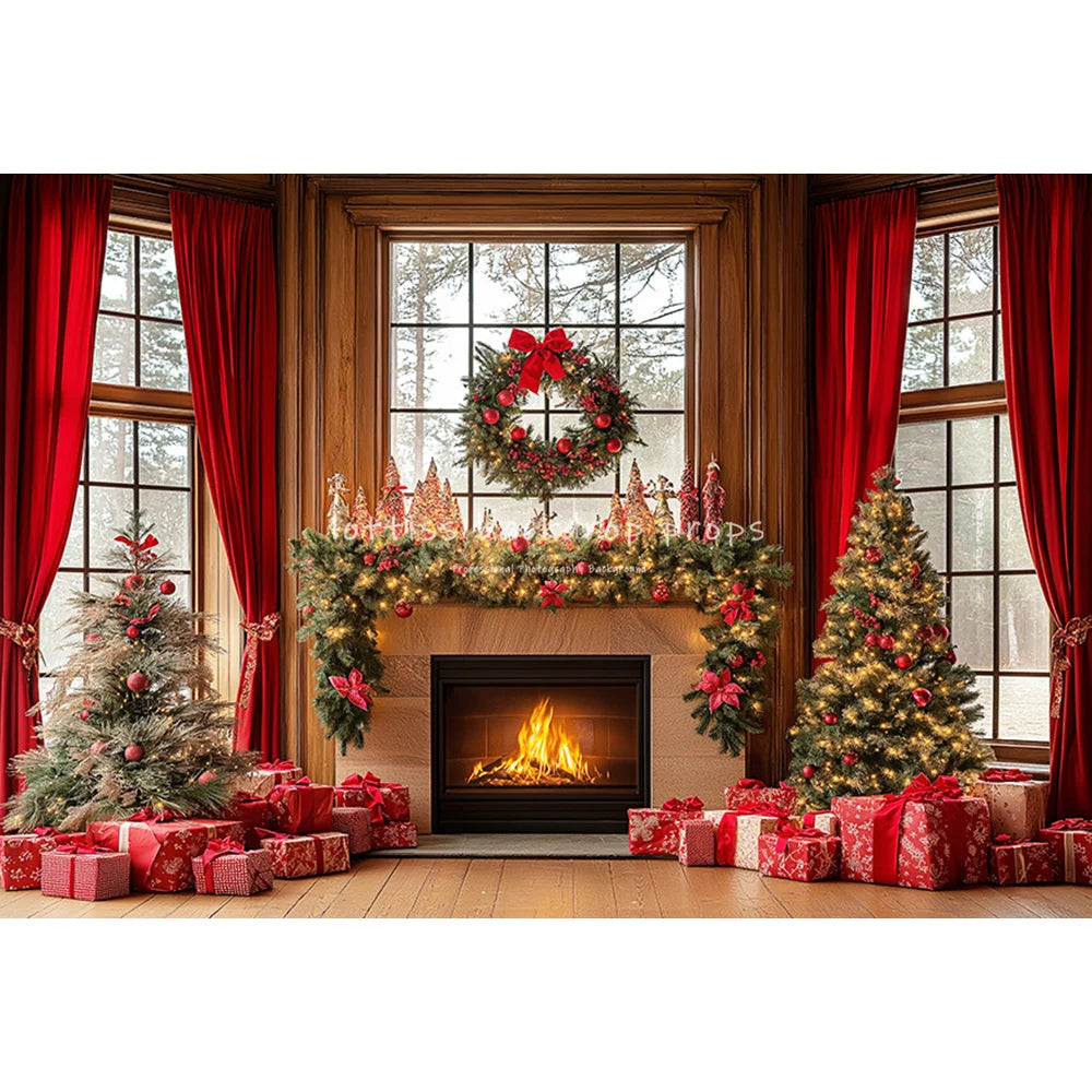 Christmas Windows Santa Fireplace Backdrops Kids Adult Child Baby Photocall Xmas Trees Living Room Red Curtains Backgrounds