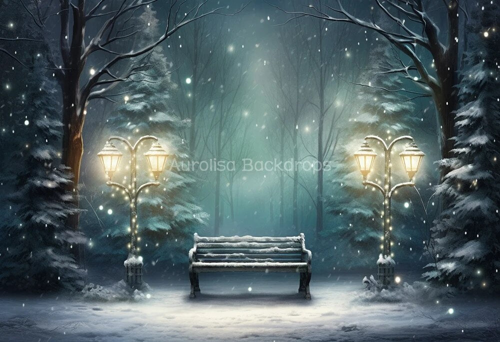 Snowy Park Chair Backdrops Kids Adult Photography Props Child Baby Photocall Decors Snowflake Winter Forest Background