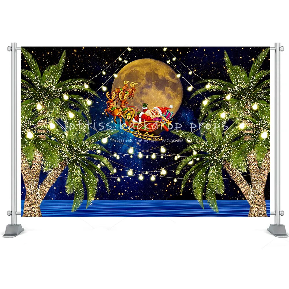 Christmas Santa Backdrop Flying to the Moon Window Snow Tree Street Backdrop Night Sky Reinder Snow Background Photobooth