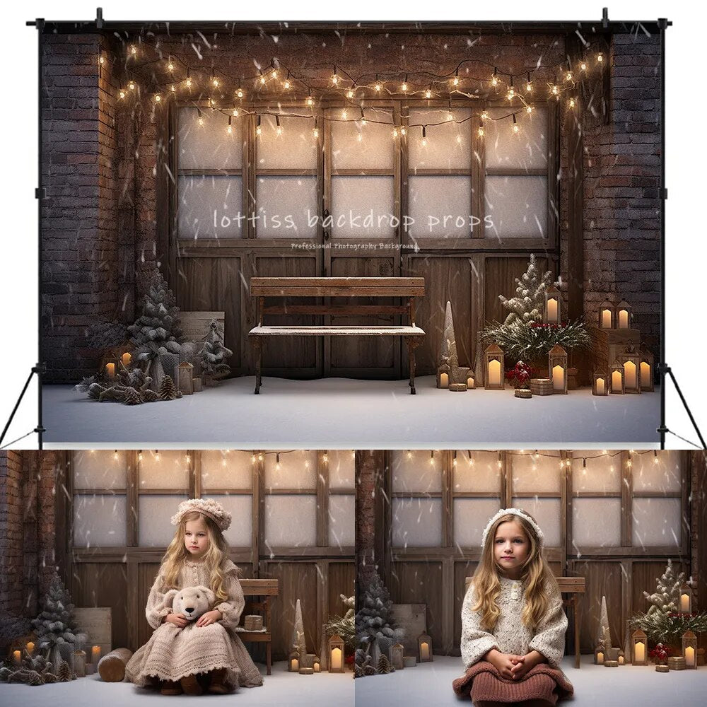 Christmas Snowy House Front Backdrops Kids Baby Photocall Props Adult Child Photography Xmas Trees Winter Wooden Door Background