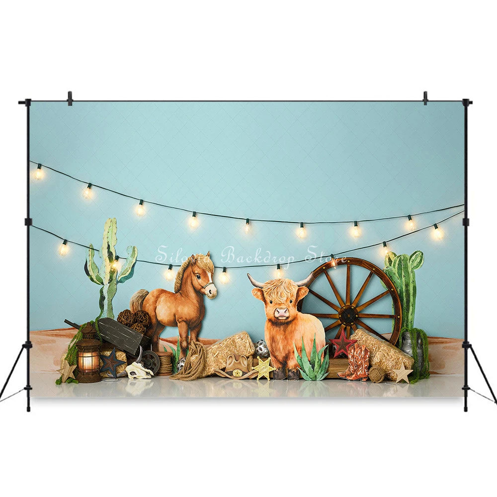 Cute Cowboy Photo Background Farm Children Birthday Cake Smash Photography Backdrop Horse Cactus Decoration Photo Studio Props