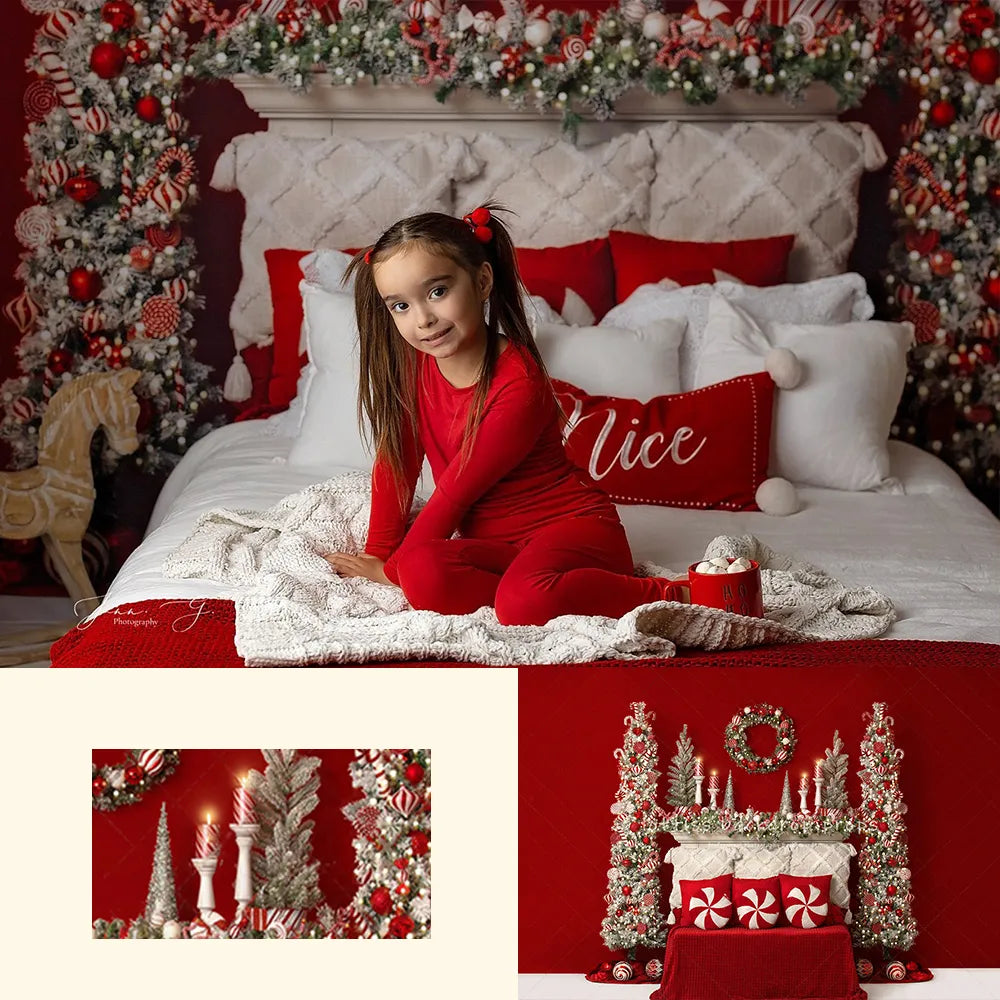 Arrière-plan de tête de lit rouge de noël, Portrait de séance photo pour enfants et adultes, accessoires de studio photo, arrière-plan de couronne d'arbres de noël pour filles et bébés