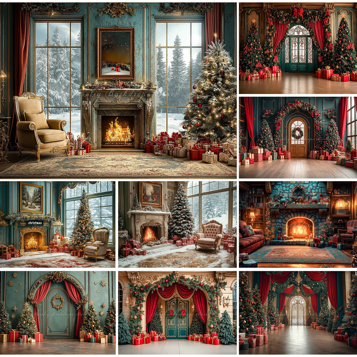 Elegant Christmas Fireplace Scene With Toy Bear Backdrop Kids Baby Cake Smash Photography Props Studio Backgrounds