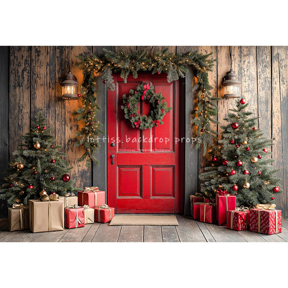 Winter Christmas Cottage Backdrops Kids Adult Photography Country House Entrance Red Door Gift Box Xmas Trees Backgrounds