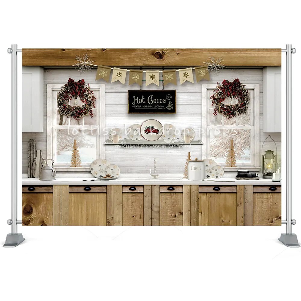 Christmas Kitchen Photography Backdrop Cupboard Retro Wood Wall Cook Decor Background Studio Newborn Baby Portrait Props