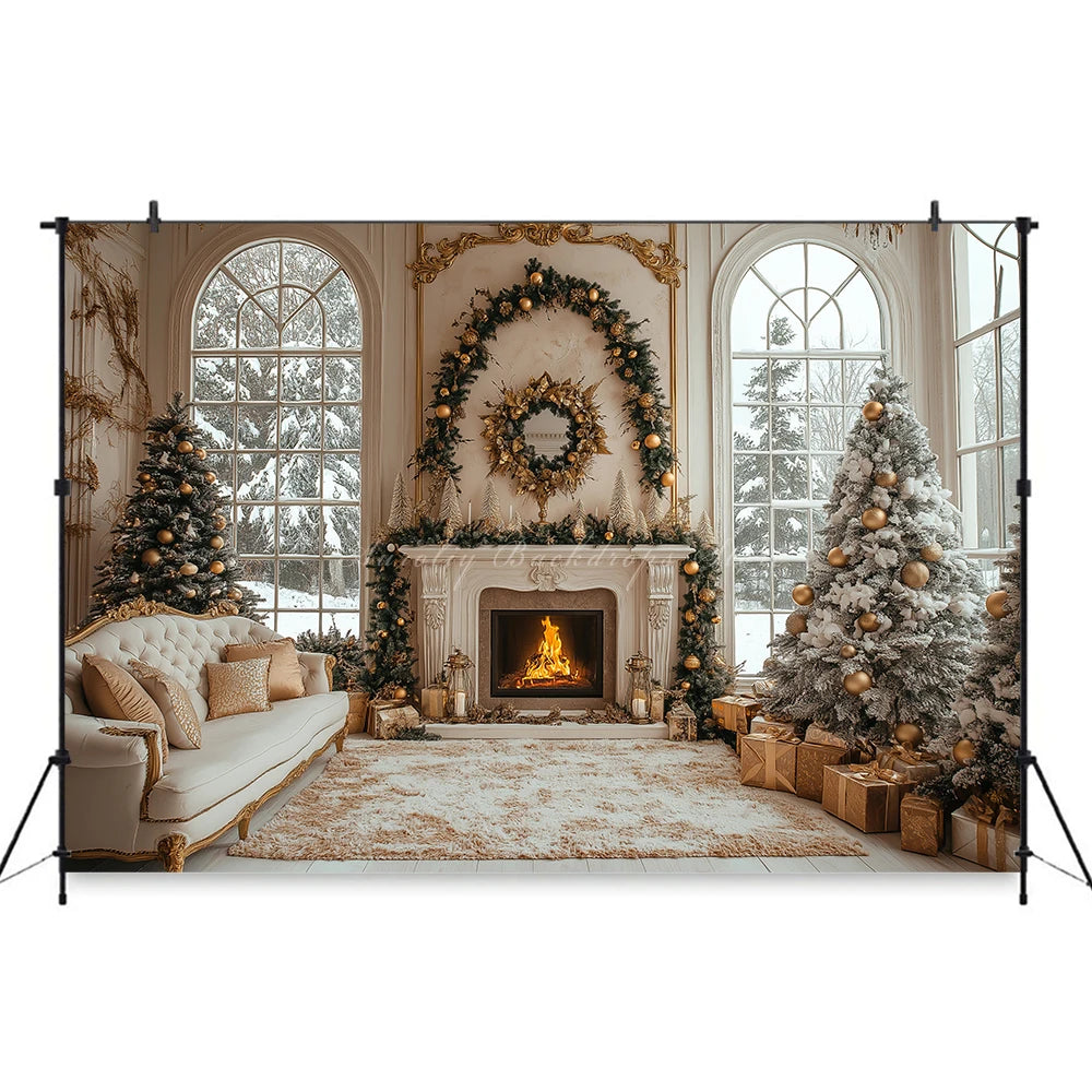 Christmas Backdrop with Fireplace and Large Window Baby Kids Portrait Family Party Photocall Photograhy Background Birthday Prop