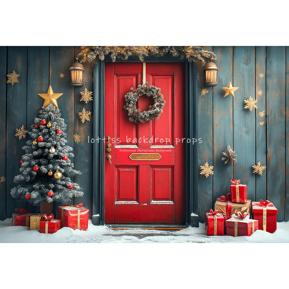 Winter Christmas Cottage Backdrops Kids Adult Photography Country House Entrance Red Door Gift Box Xmas Trees Backgrounds