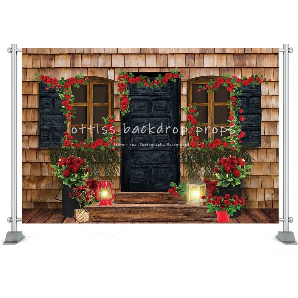 Valentines' Day Backdrop Display Window Floral Shop Carts Brick Wall Deco Marriage Kids Family Portrait Rose Props Background