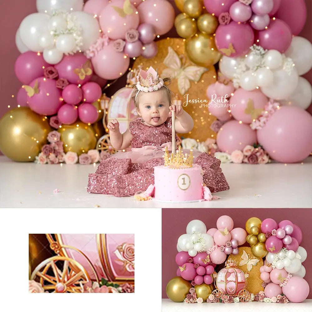 Pink Gold Princess Balloons Backdrop Butterfly Child Adult Birthday Photo Shoot Backgrounds Kids Baby Cake Smash Photocall Decor