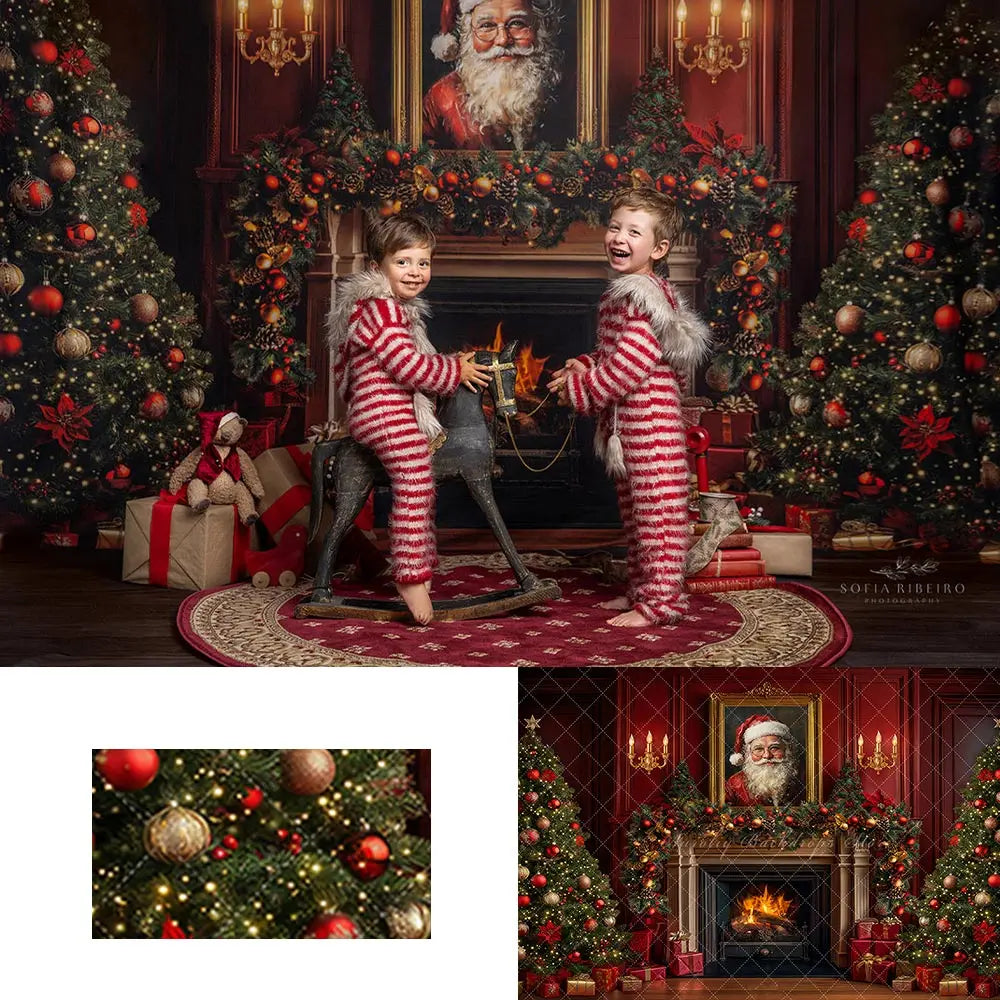 Santa Claus Christmas Fireplace Backdrop Red Retro Wall Baby Kids Portrait Family Party Photocall Photograhy Background