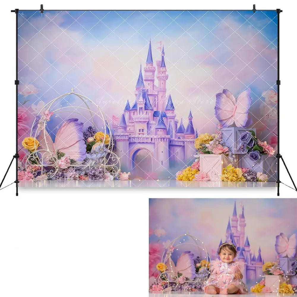 Purple Princess Castle Backdrop Kids Baby Cake Smash Photography Props Floral Girls Adult Birthday Studio Backgrounds