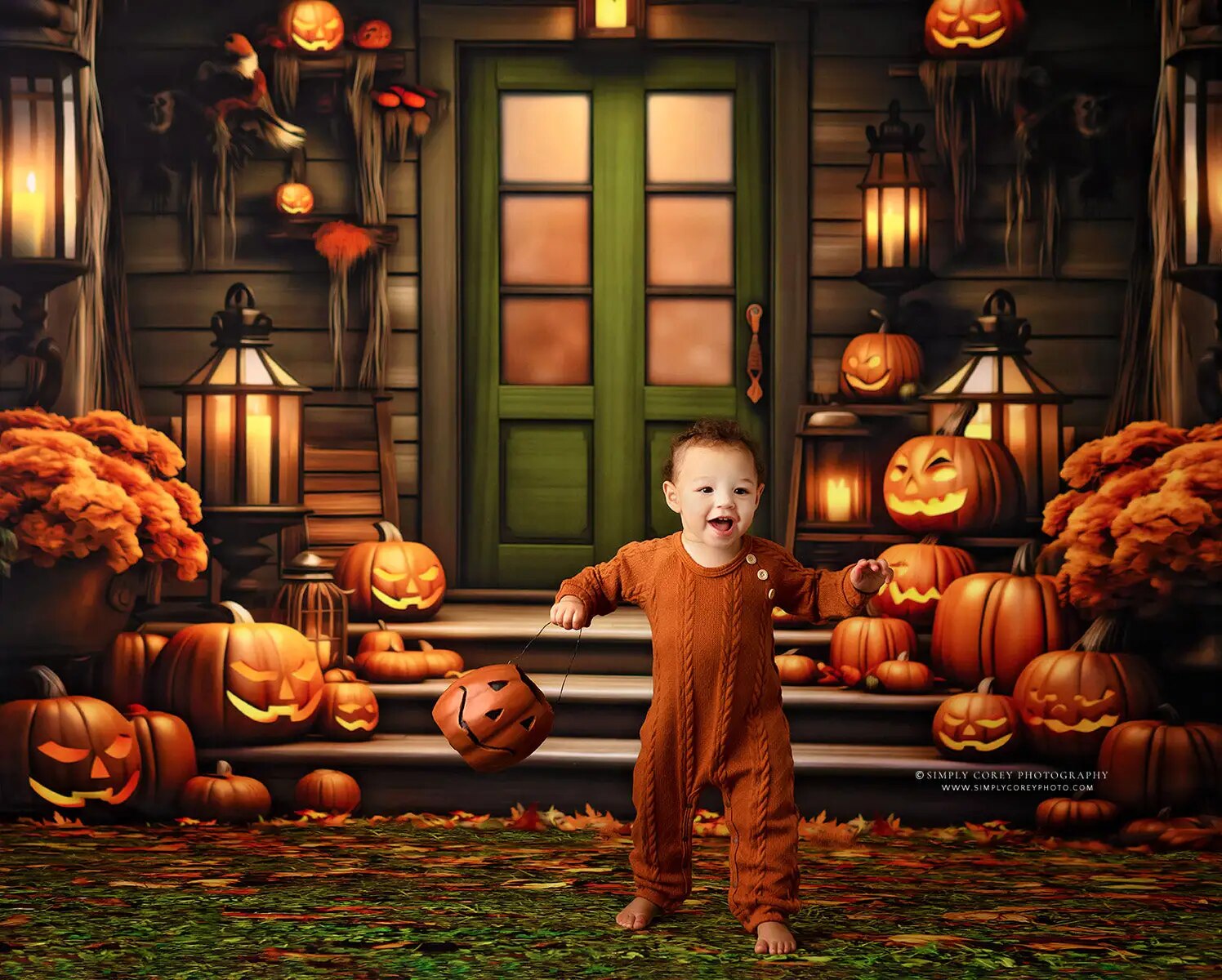 Arrière-plan de porte verte de porche de citrouille, arrière-plan de photographie d'enfants et d'adultes, accessoires de séance photo pour enfants et bébés, arrière-plan avant de maison d'automne 