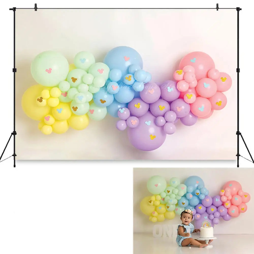 Mickey Pastel Balloons Photography Backdrop Kids Baby Cake Smash Photocall Decors Child Adult Birthday Photo Shoot Backgrounds