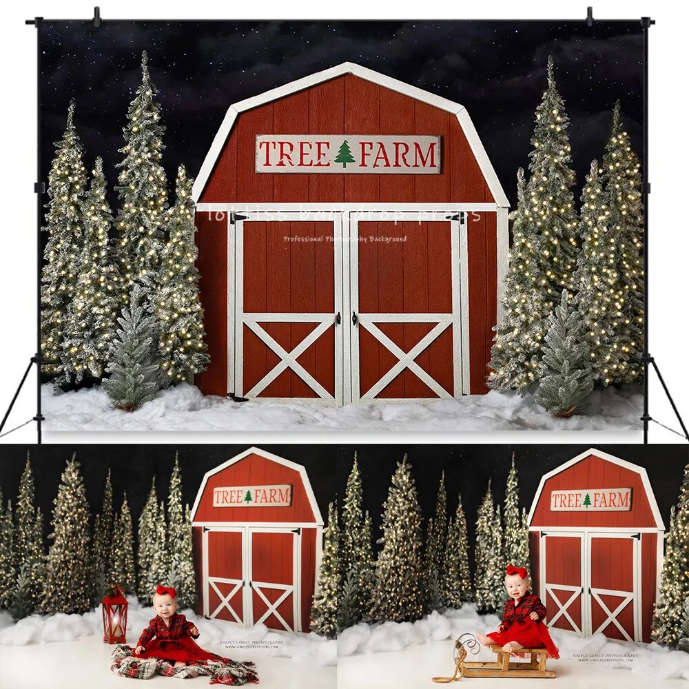 Tree Farm Barn Backdrops Kids Winter Portrait Photography Adult Child Cake Smash Snowy Forest Trees Background