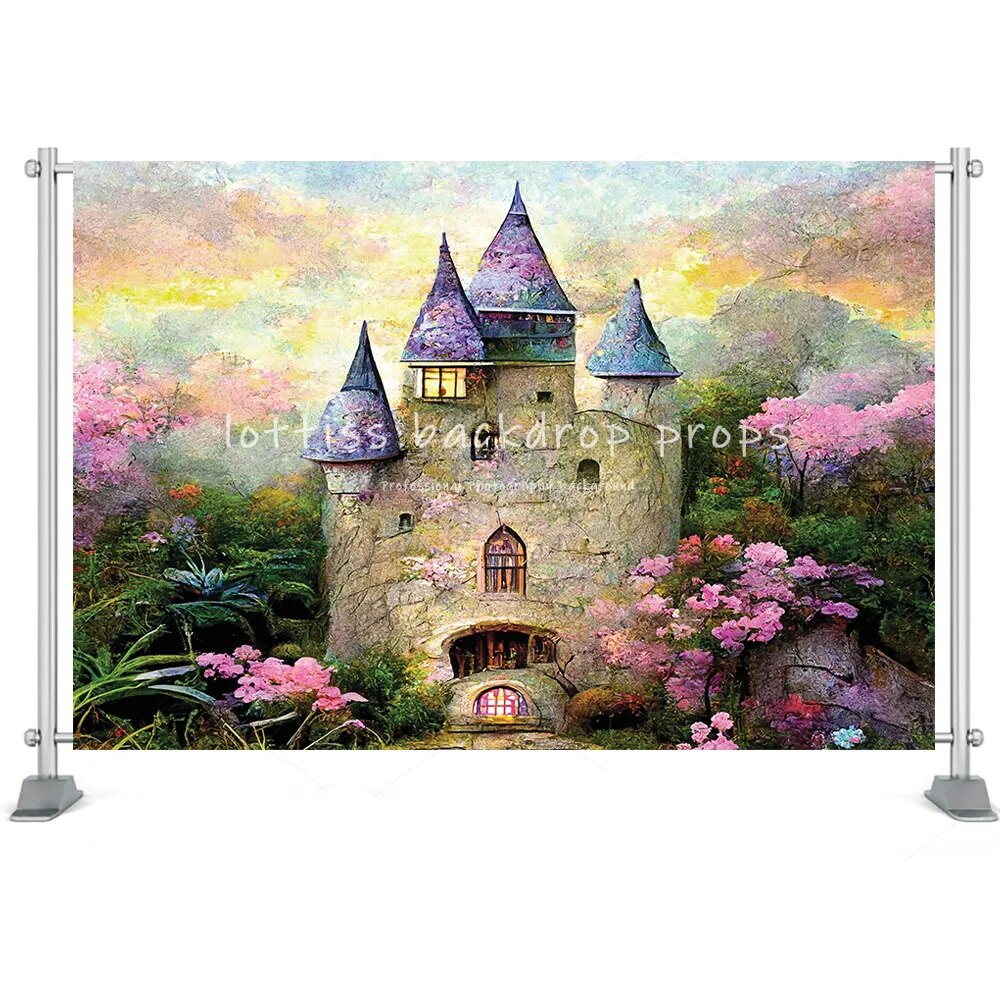 Arrière-plan de château romantique, accessoires de fête d'anniversaire pour enfants, princesse, photographie de bébé, licorne, chariot, gâteau pour fille, arrière-plan Smash 