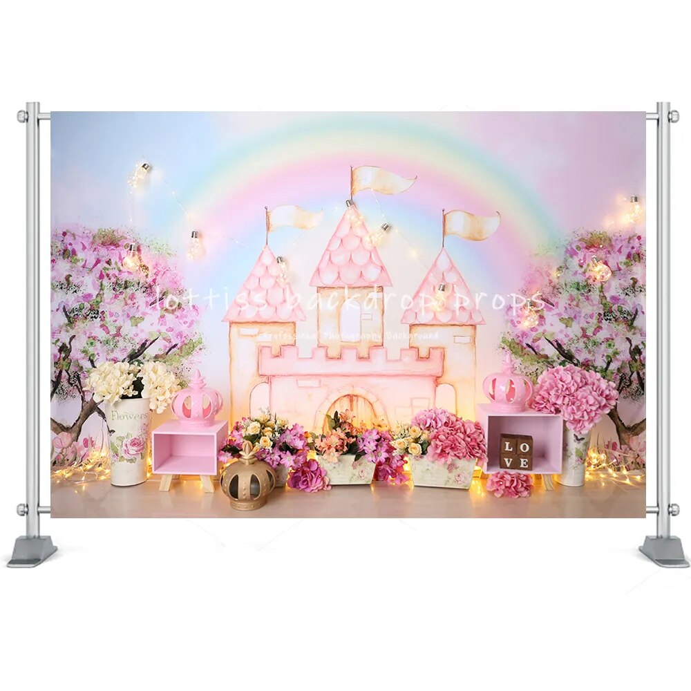 Arrière-plan de château romantique, accessoires de fête d'anniversaire pour enfants, princesse, photographie de bébé, licorne, chariot, gâteau pour fille, arrière-plan Smash 