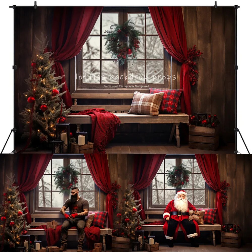 Xmas  Windows Backdrops Kids Baby Photography Props Child Adult Photocall Red Curtain Christmas Snowy Country Decors Background