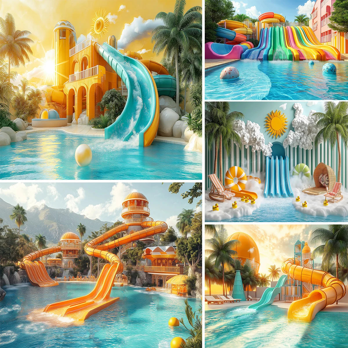 Beachside Water Slides Swimming Pool Backdrops Kids Baby Photography Birthday Cake Smash Props Water Park Scene Backgrounds