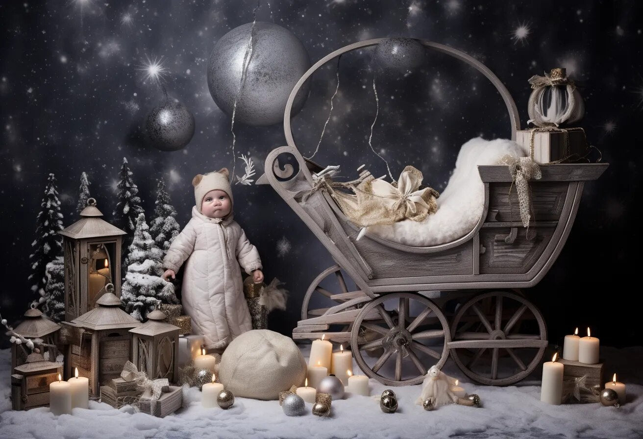 Arrière-plan de forêt enneigée de noël, accessoires de photographie pour enfants et bébés, pour séance photo, flocon de neige, arrière-plan de chariot de noël 