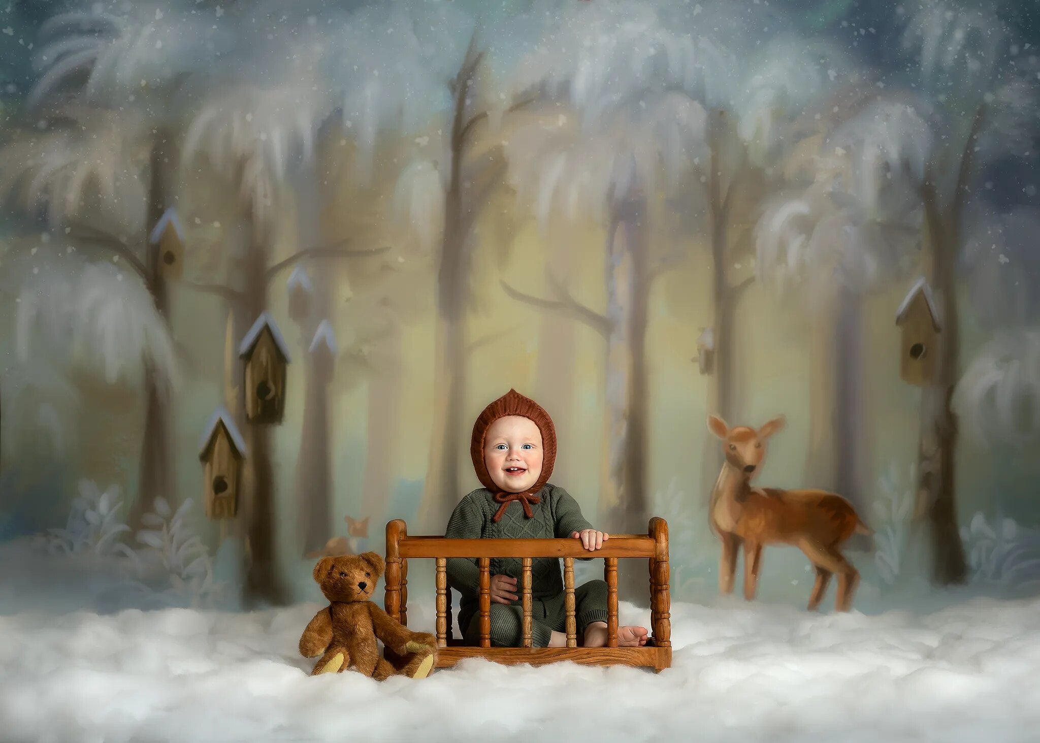 Arrière-plan d'animaux de la forêt d'hiver, accessoires de photographie pour enfants, séance photo pour bébé, pour studio photo, arbres enneigés de noël, arrière-plan de cerf 