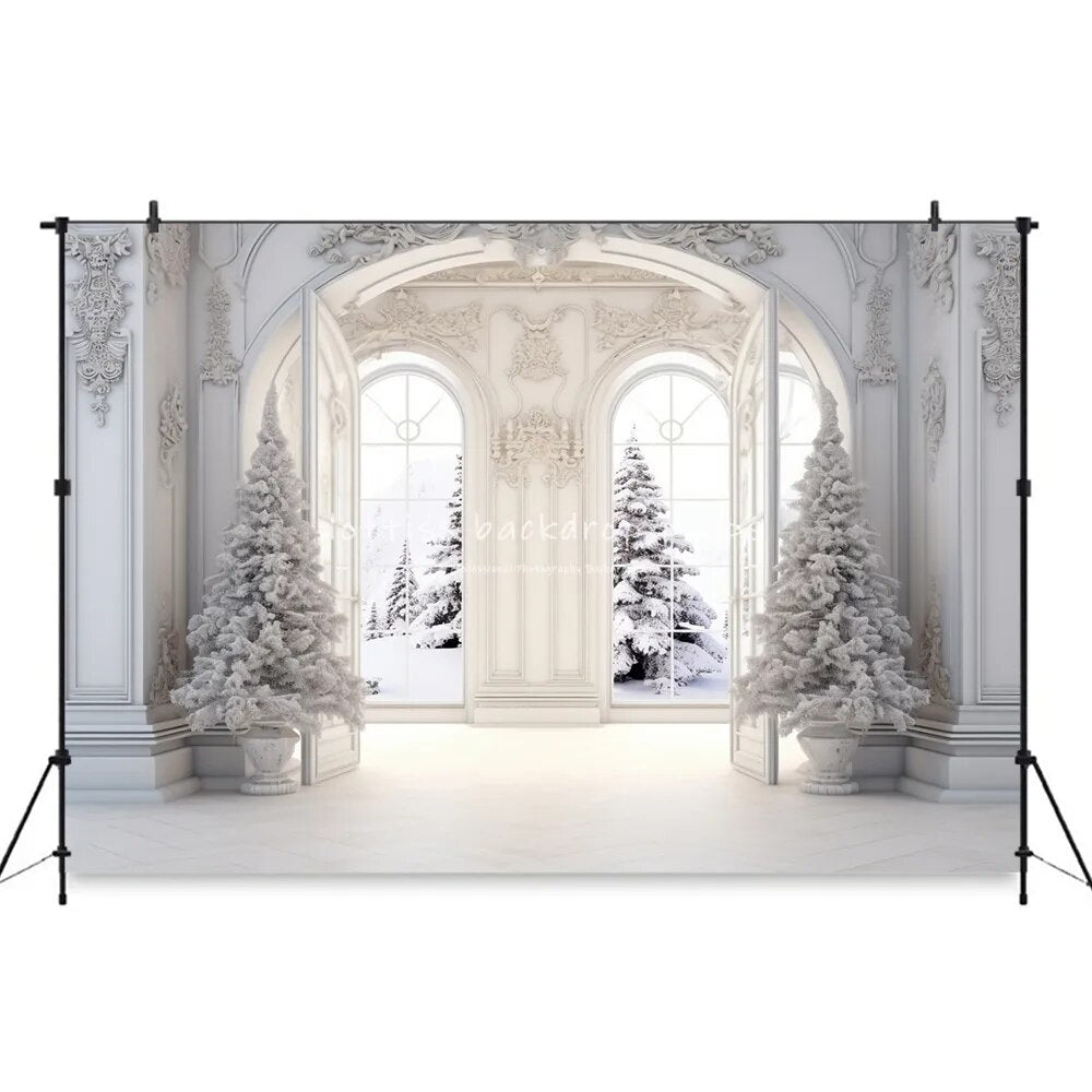 Christmas Living Room Window Backdrops Kids Adult Photorgraphy Props Child Baby Xams Trees White Castle Background