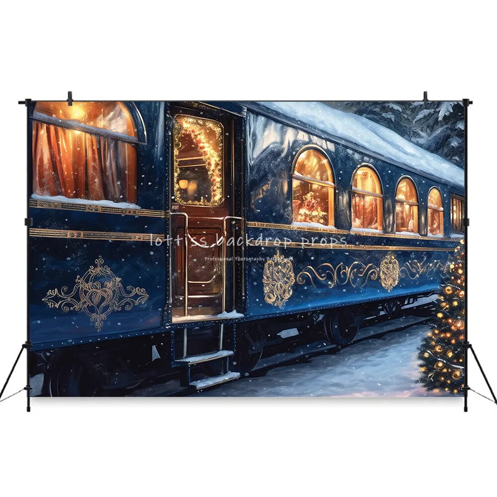 Arrière-plan de photographie de rue de noël, Portrait d'adulte, famille et enfant, séance photo, Train Polar Express, arrière-plan d'arbres de noël 