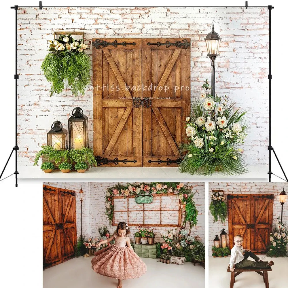 Spring Garden Backdrops Kids Girl Photography Child Baby Photocall Rose Floral Windows Wooden Door Backgrounds