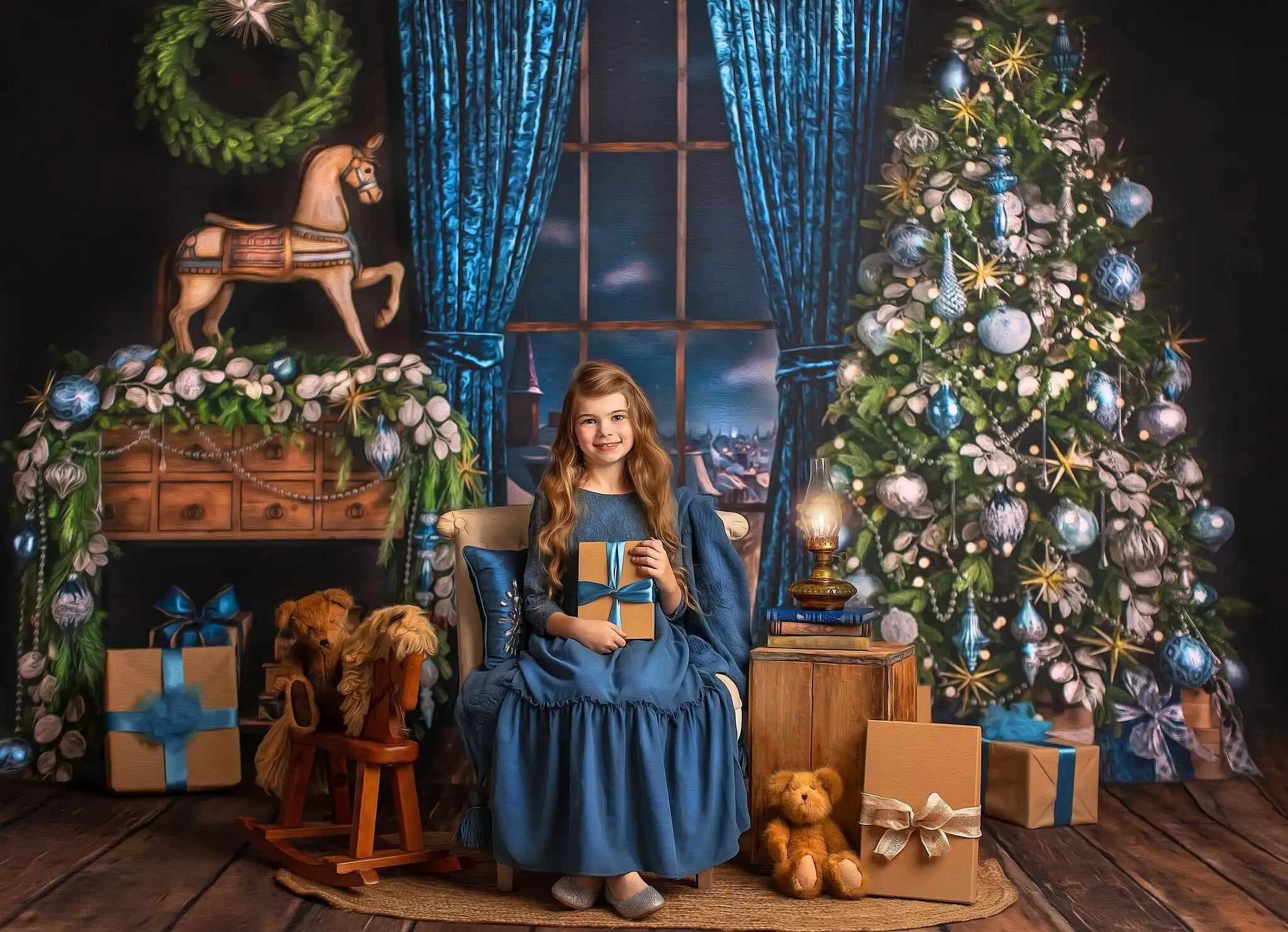 Blue Festivity Christmas Livingroom Backdrops Child Family Photocall Props Xmas Trees Windows Background For Baby Photostudio