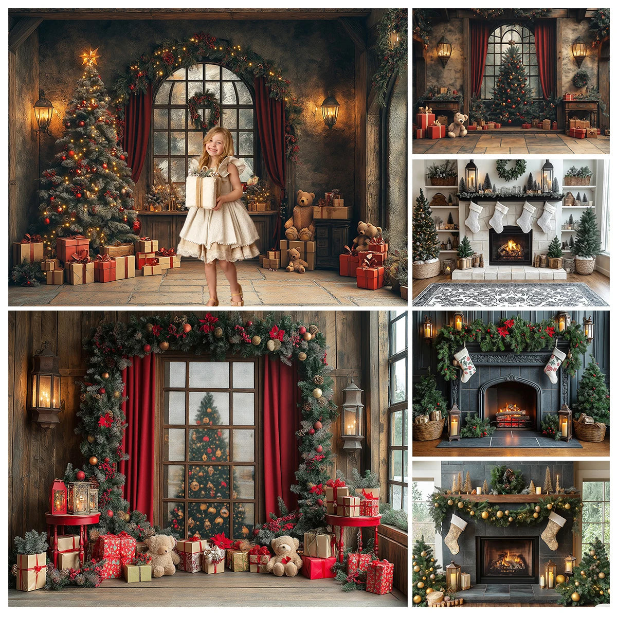 Christmas Trees Room Backdrops Kids Family Photography Child Adult Photocall Winter Fireplace Retro Cottage Backgrounds