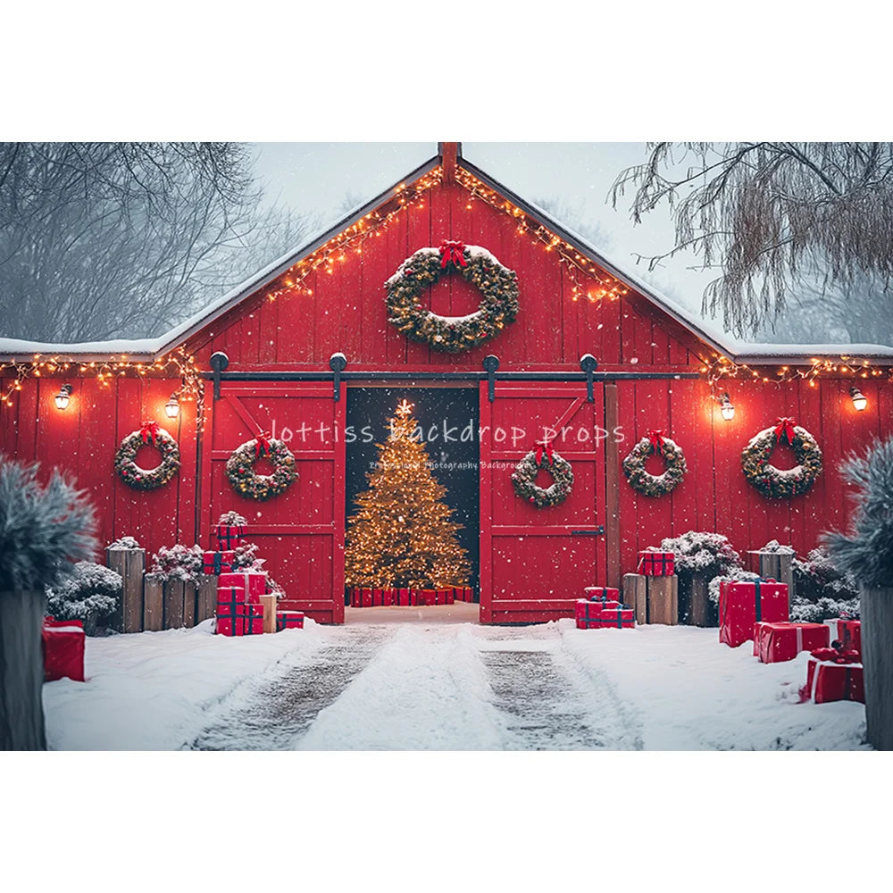 Red Wooden Barn Door Backdrops Kids Family Photography Child Baby Photocall Farm Xmas Trees Snowflake Wreath Cottage Backgrounds