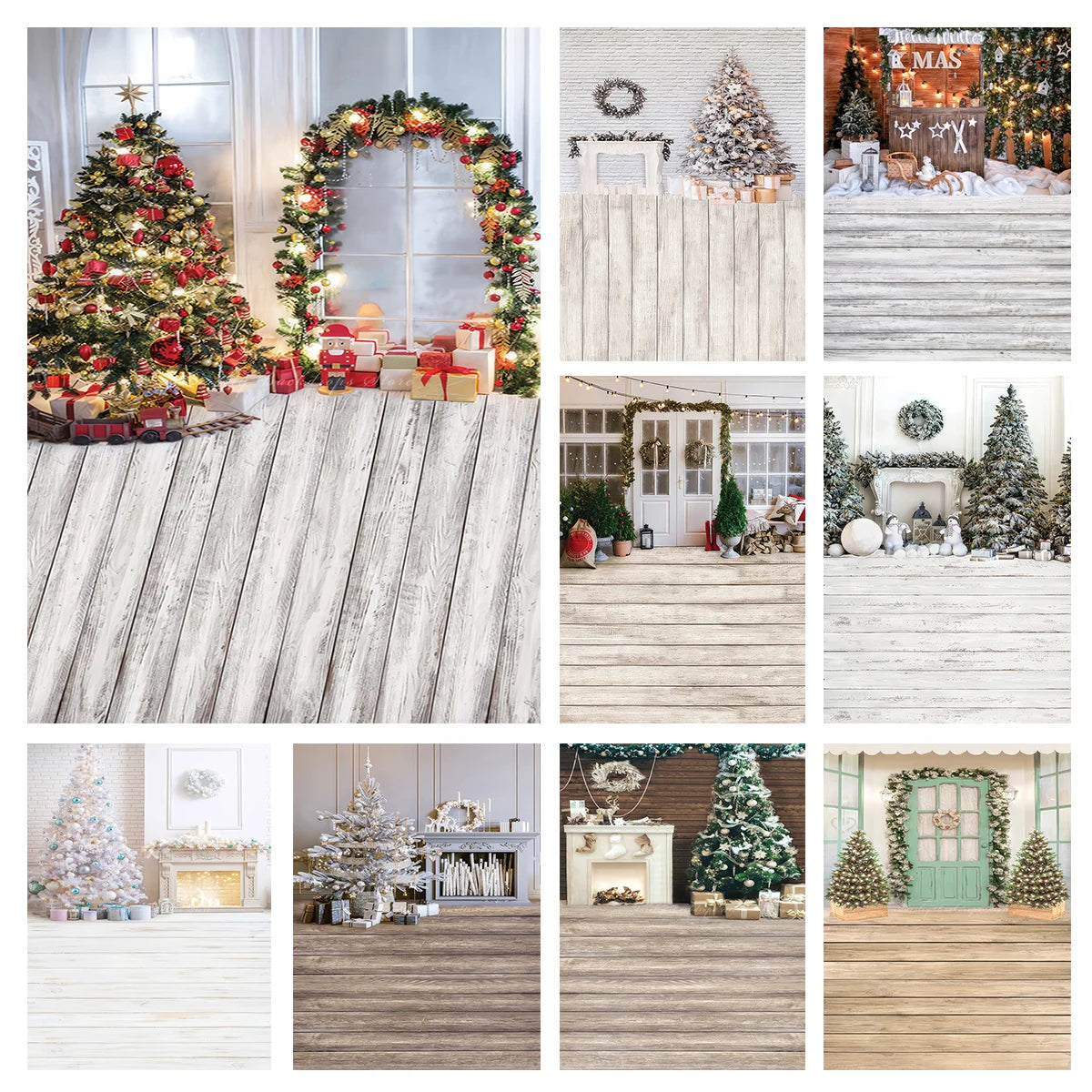 Christmas Wooden Floor Interior Decoration Fireplace and Gifts Baby Kids Portrait Family Party Photocall Photograhy Background