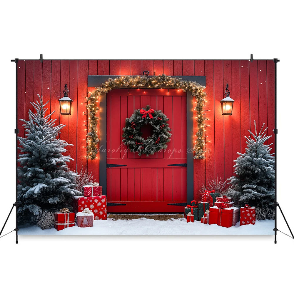 Christmas Red Door With Wreaths And Garlands Photography Backdrop Baby Kids Portrait Family Party Photocall Studio Backgrounds