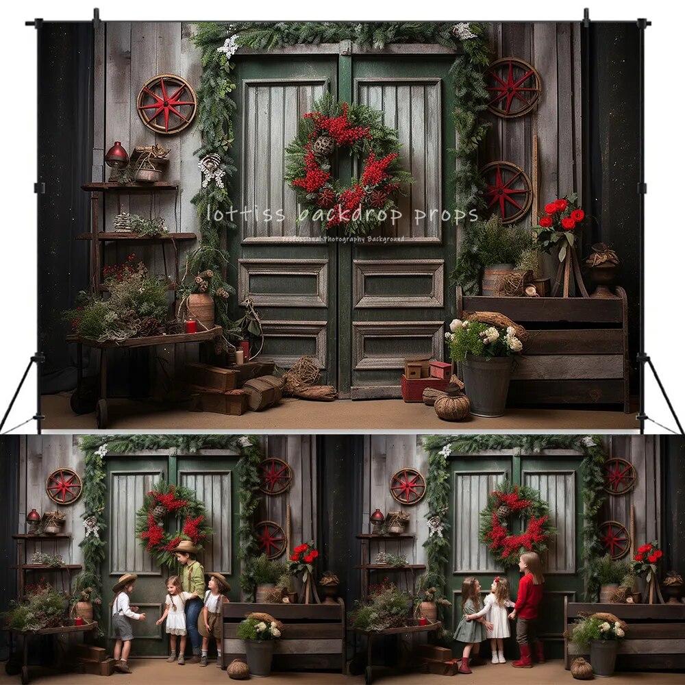 Noël enneigé maison avant décors enfants bébé Photocall accessoires adulte enfant photographie arbres de noël hiver porte en bois fond 