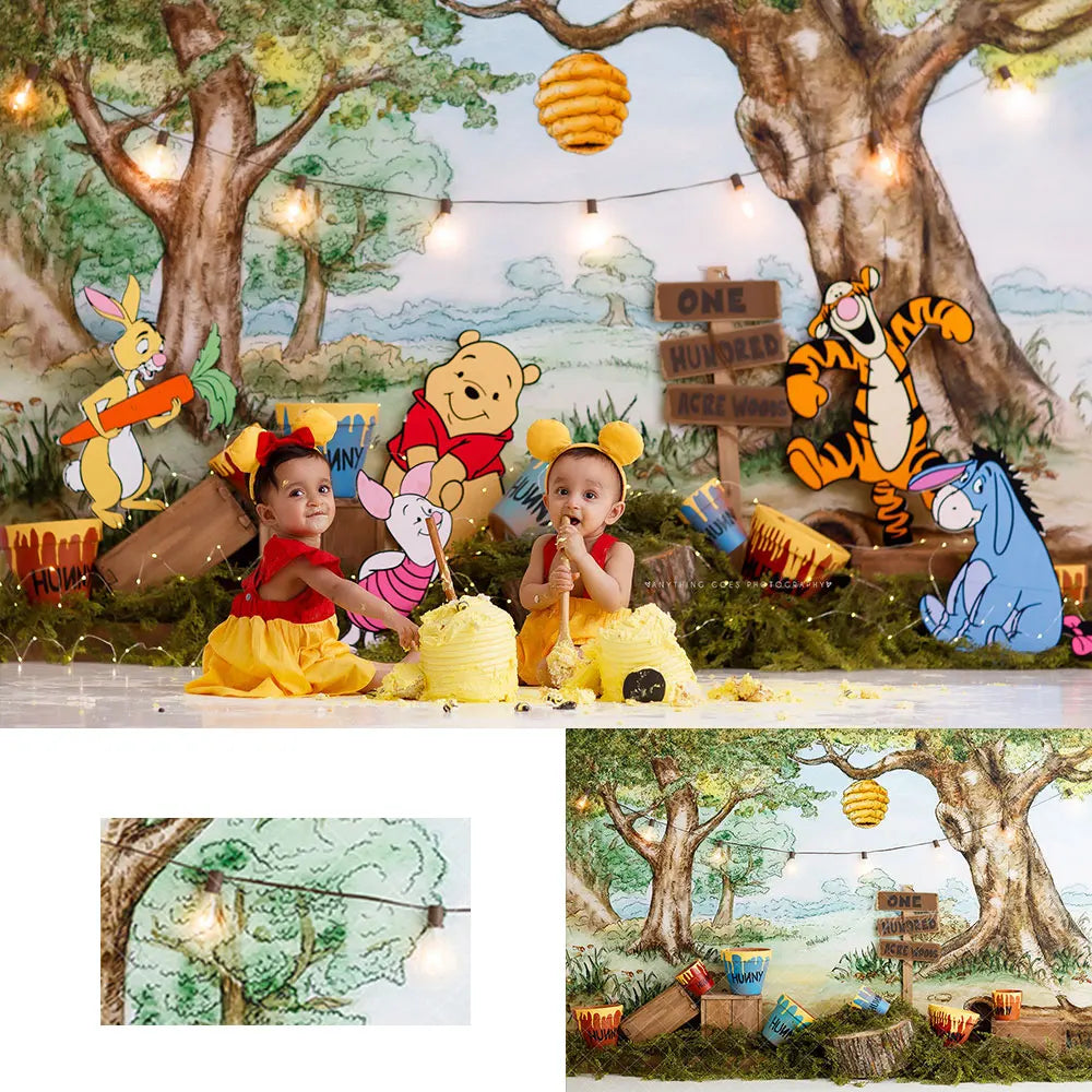 One Hundred Acre Woods Backdrop Kids Baby Birthday Photography Props Pooh Bear Foerst Child Cake Smash Dceor Studio Backgrounds