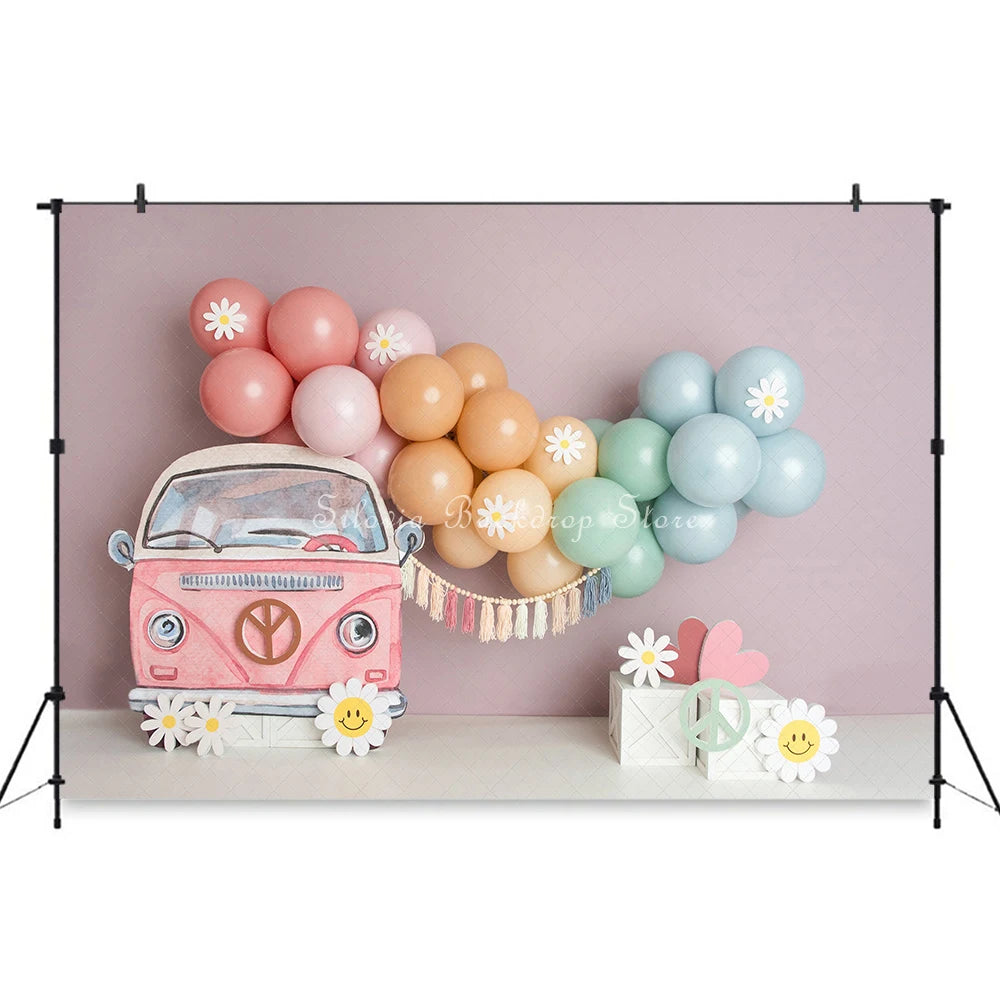 Groovy Cute Pink Truck Balloon Photo Background Girl Birthday Cake Smash Photography Backdrop White Daisy Photo Studio Props