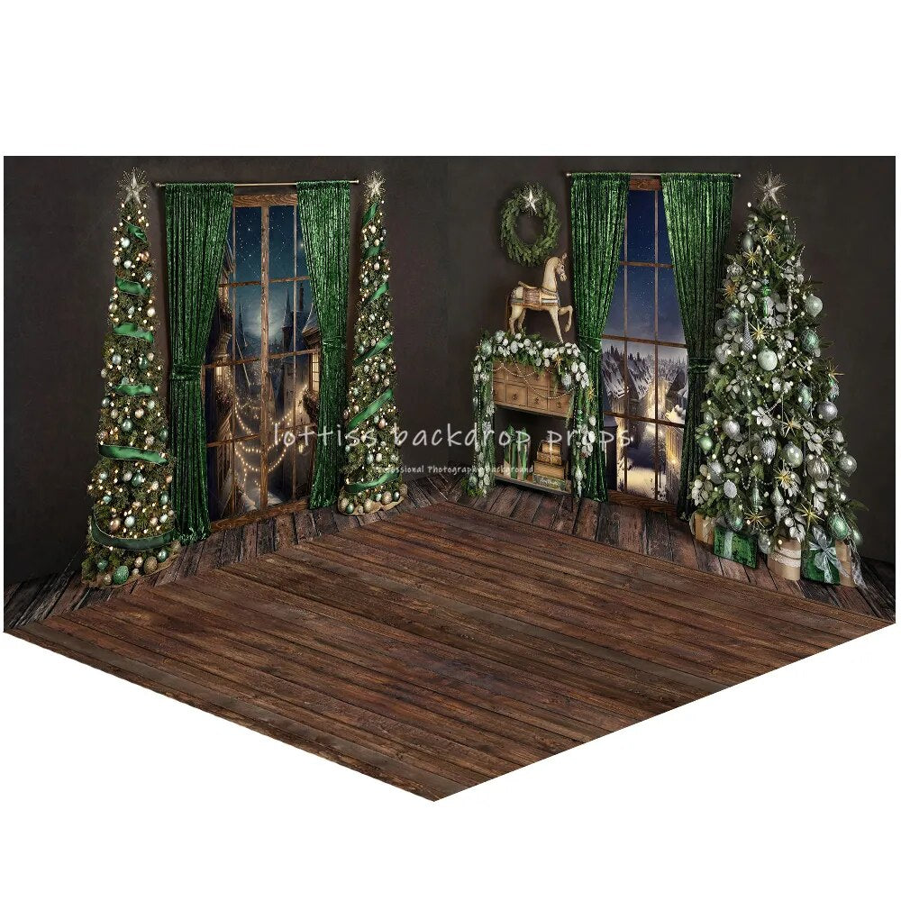 Cheerful Festivity Xmas Fireplace Backdrops Adult Portrait Kids Girl Photocall Green Window Living Room Background