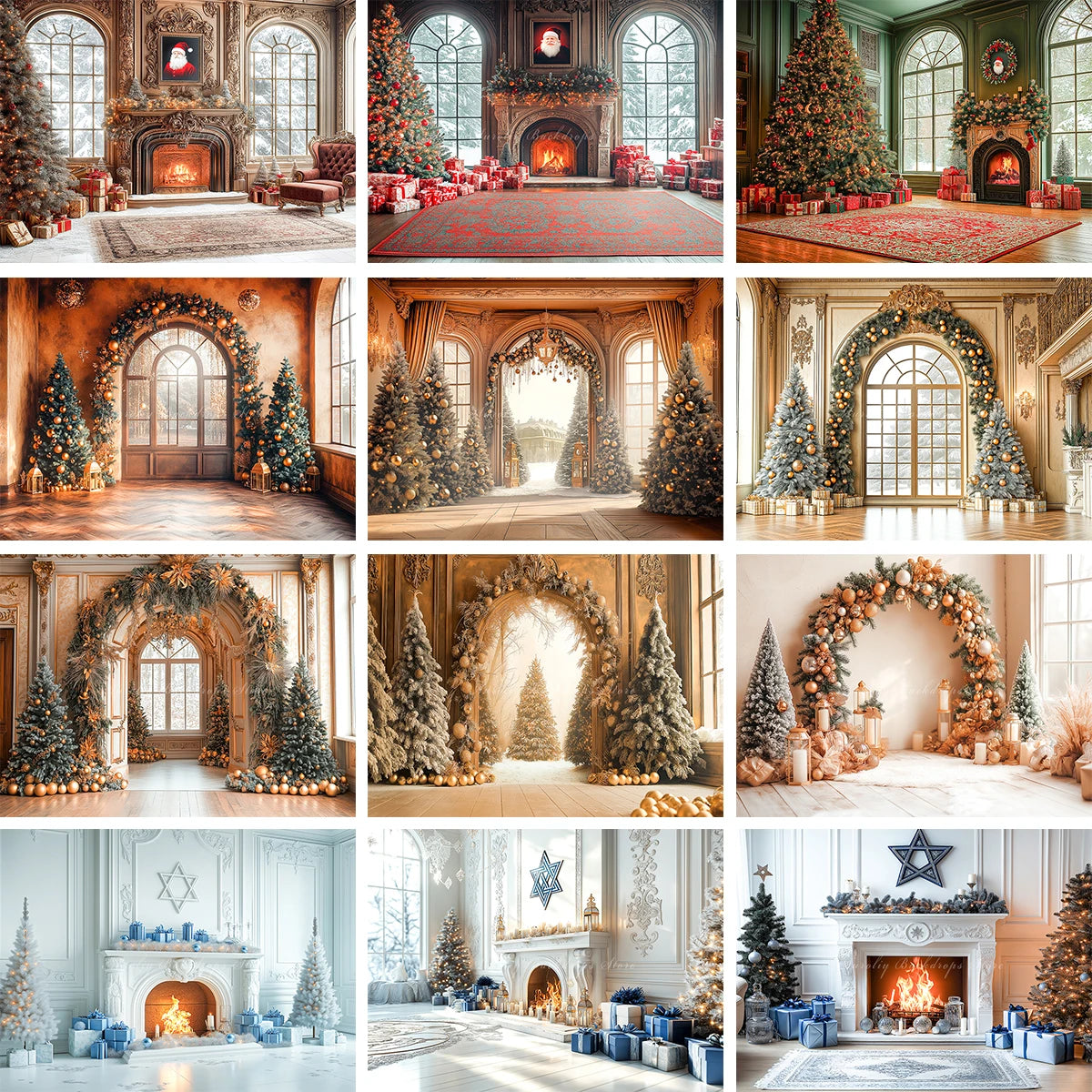 Christmas Arched Window with Xmas Tree Backdrop White Room Fireplace Baby Kids Portrait Family Party Photocall Photograhy Decors