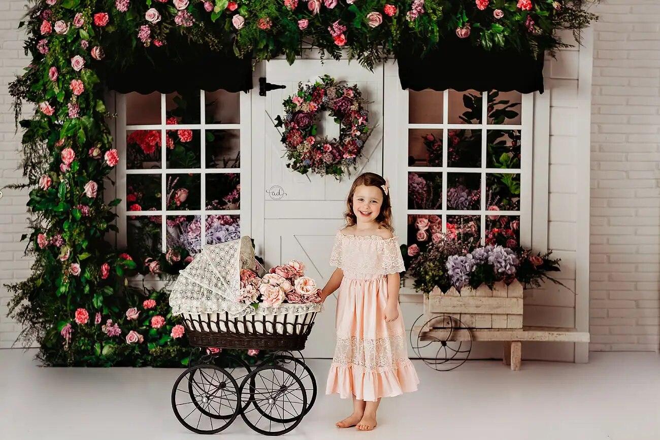 Spring Flower Store Backdrops Kids Baby Photography Props Child Adult Photocall Props Wood Door Floral Cart Background