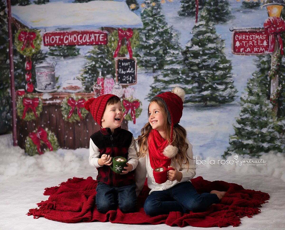 Support de chocolat chaud, arrière-plan de noël pour enfants et adultes, photographie d'hiver, décor de gâteau d'anniversaire pour bébé, arrière-plan de forêt de noël