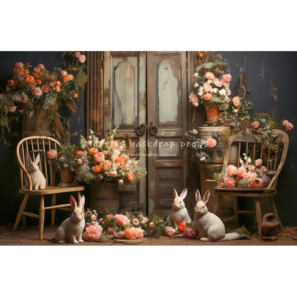 Easter Rustic Wooden Door With Bunnies Eggs And Flowers Backdrops Kids Baby Photography Child Adult Photocall Spring Backgrounds