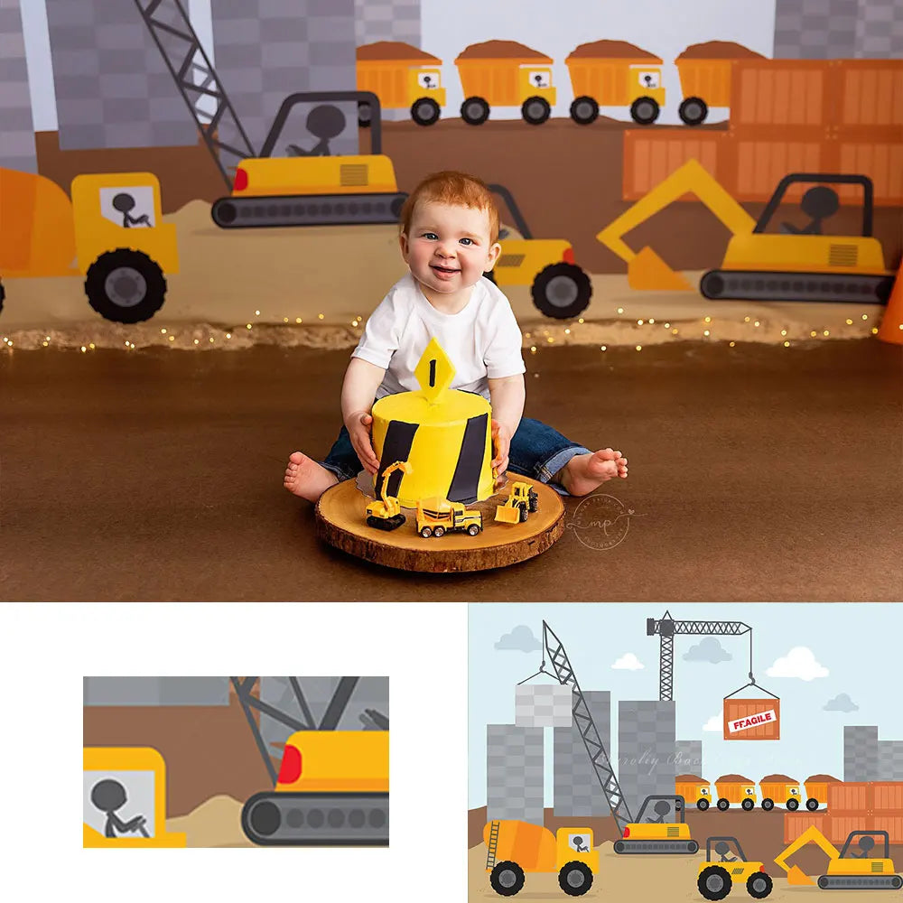 Excavator Backdrop Traffic Theme 1st Birthday Photocall Decors Kids Baby Cake Smash Photography Props Studio Backgrounds