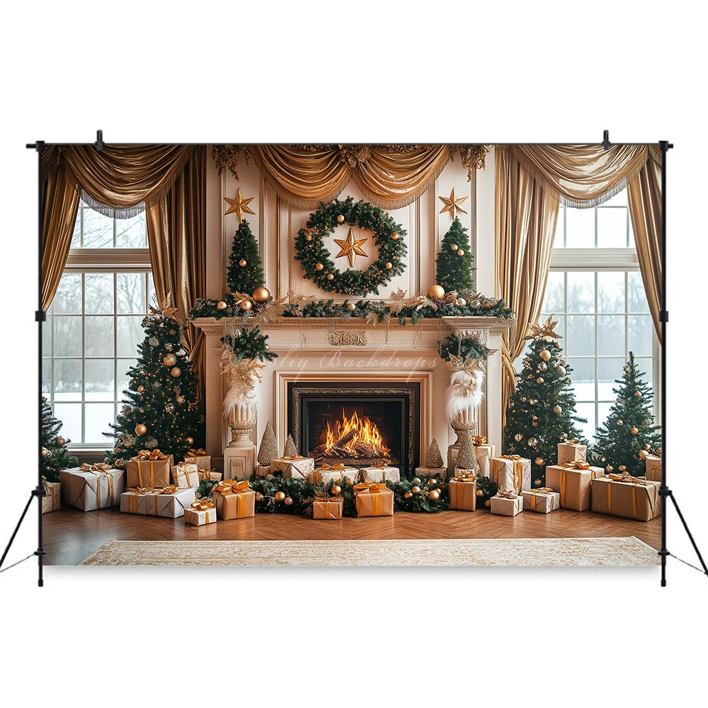 Christmas Backdrop with Fireplace and Large Window Baby Kids Portrait Family Party Photocall Photograhy Background Birthday Prop