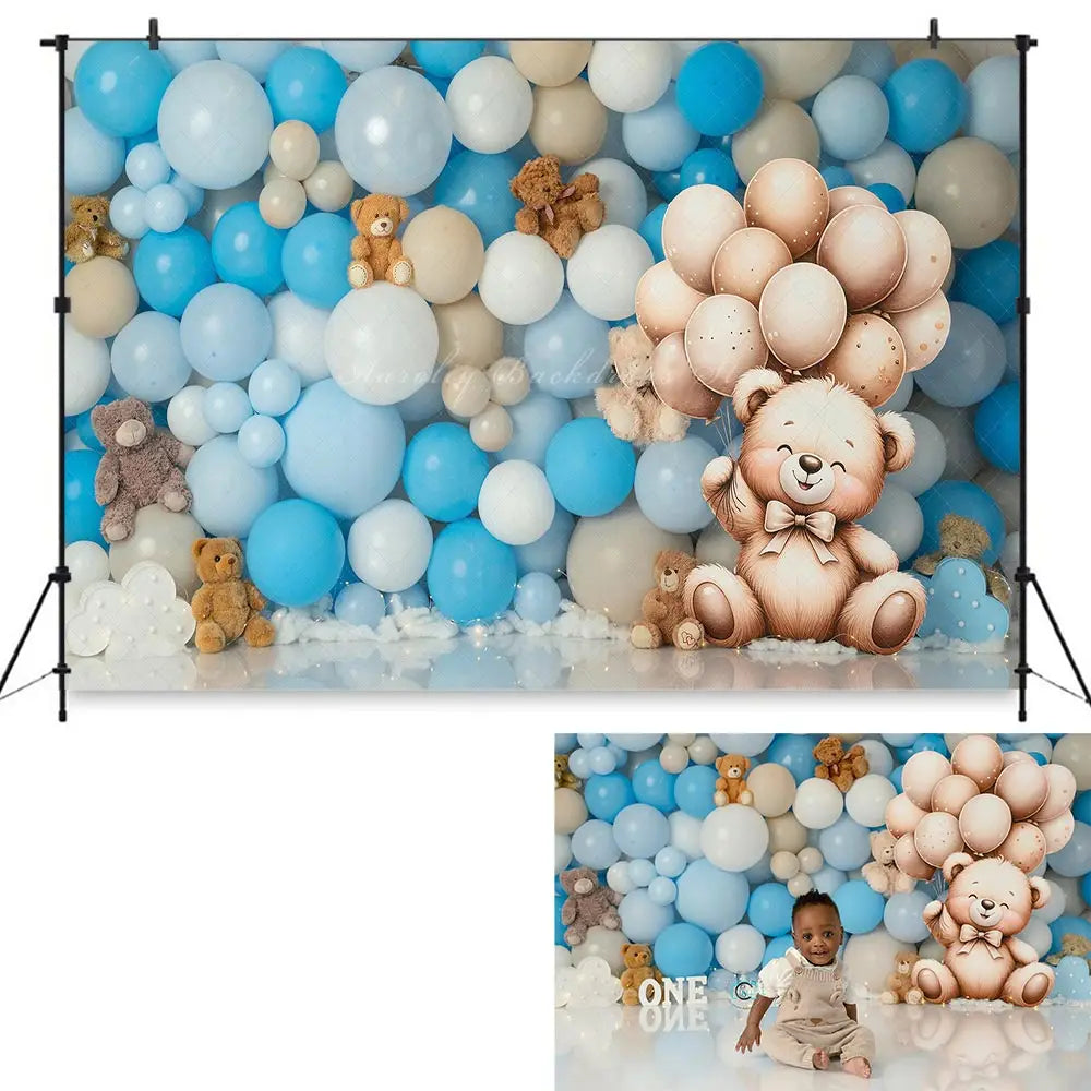 Carry Me Away Little Bear Backdrop Balloon Wall Kids Baby Cake Smash Photography Props Child Adult Birthday Studio Backgrounds