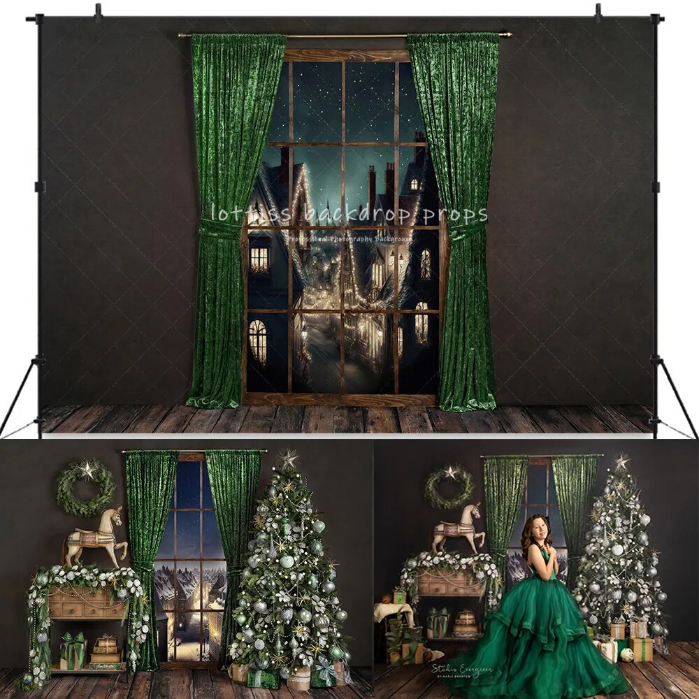 Cheerful Festivity Xmas Fireplace Backdrops Adult Portrait Kids Girl Photocall Green Window Living Room Background