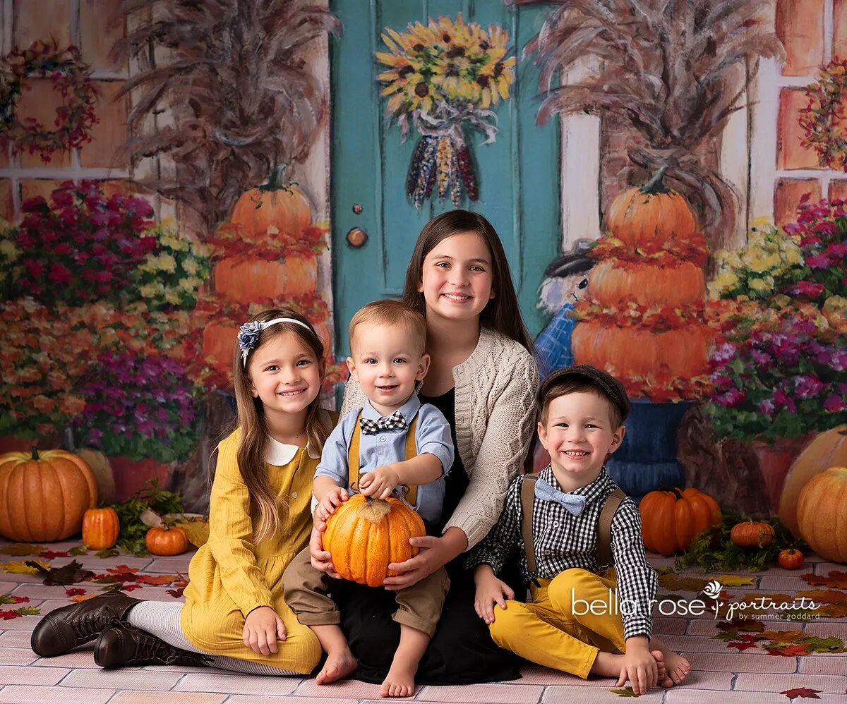 Arrière-plan de porte de maison d'automne, arrière-plan de photographie d'enfants et d'adultes, gâteau d'anniversaire de bébé, Smash, séance photo, lanterne de citrouille 