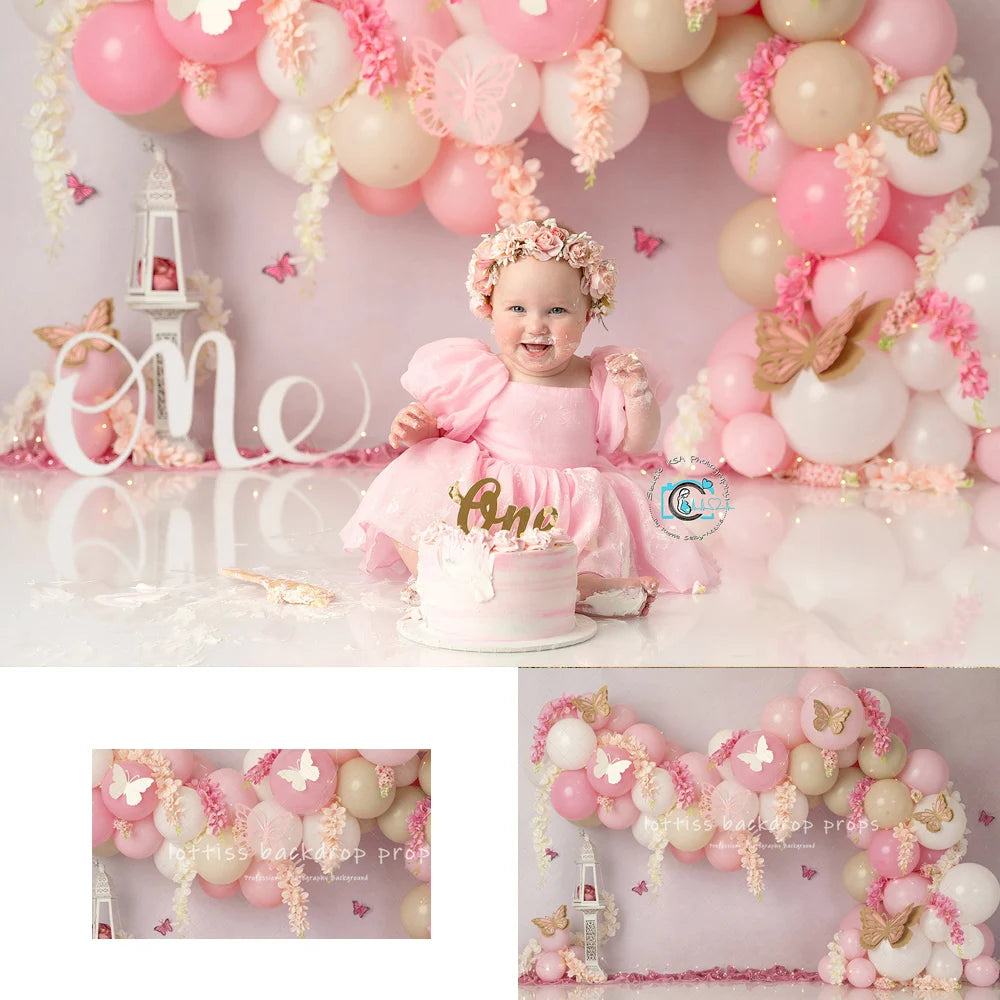 Pink White Butterflies Balloons Flower Arch Backdrops Kids Baby Cake Samsh Photocall Child BIrthday Backgrounds