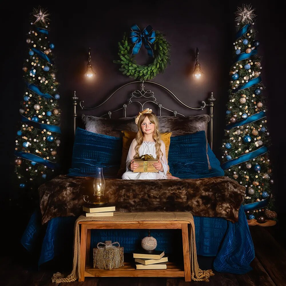 Arrière-plan de tête de lit de noël, bleu, réveillon d'hiver, accessoires de Portrait de famille pour enfants et adultes, décor d'arbres de noël pour studio photo 